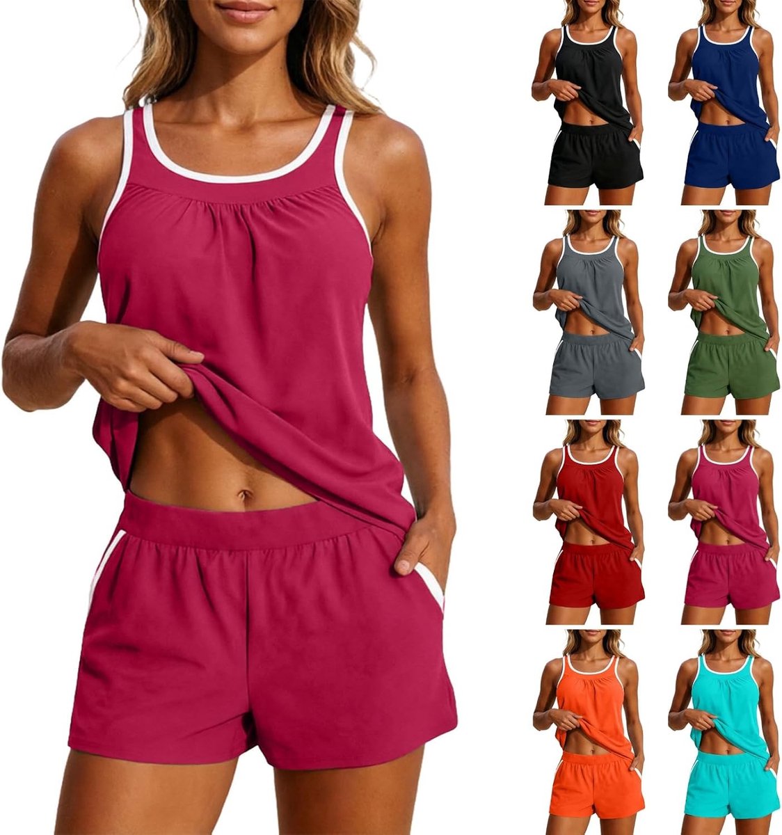 Stijlvolle Tankini Set voor Dames met Top en Shorts, Twee Delige Badmode met Borstvullingen en Zakjes, Perfect voor Zwemmen en Zonnen