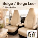 Beige stoelhoezen in stof of leer voor campers, met illustratie van niet-geschikte stoelconfiguraties.