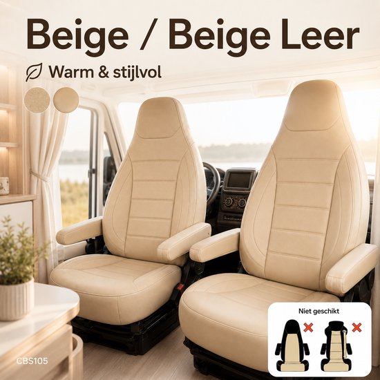 Beige stoelhoezen in stof of leer voor campers, met illustratie van niet-geschikte stoelconfiguraties.