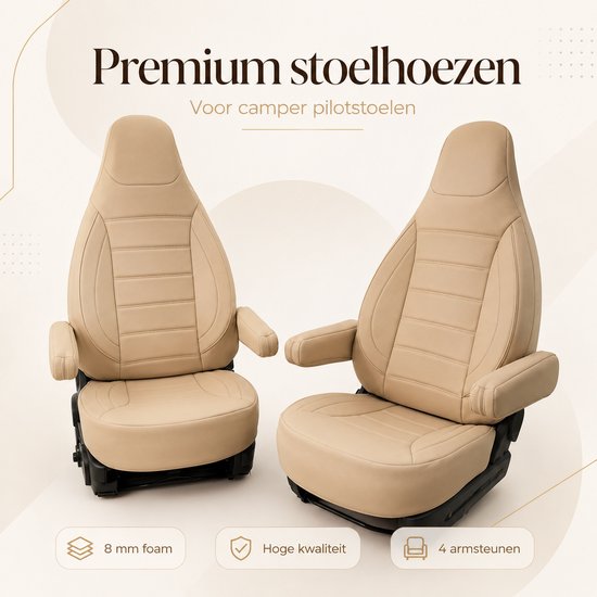 Premium beige stoelhoezen voor camper-pilootstoelen met 8 mm schuim en 4 armsteunen.