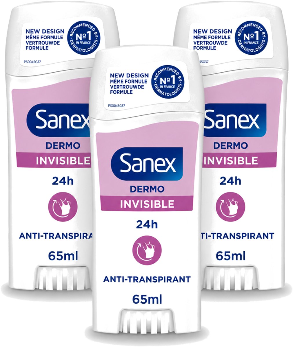 3 x Sanex – Deodorant Stick – Dermo Invisible – 65 ml - Voordeelverpakking - 3 stuks