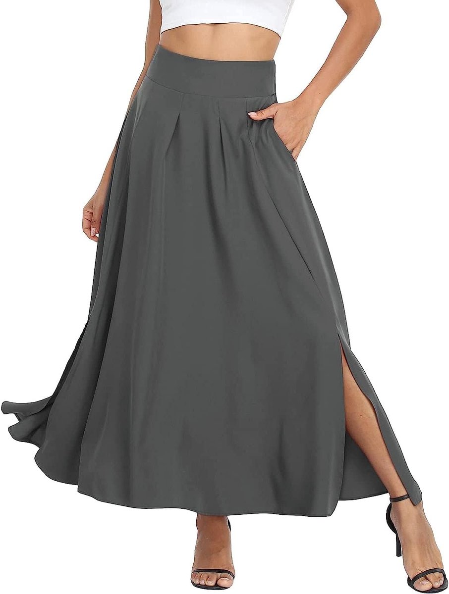 Women's Maxi Skirt, High Waist, Side Slit Pockets, Long A-line Skirt - ShopVlot