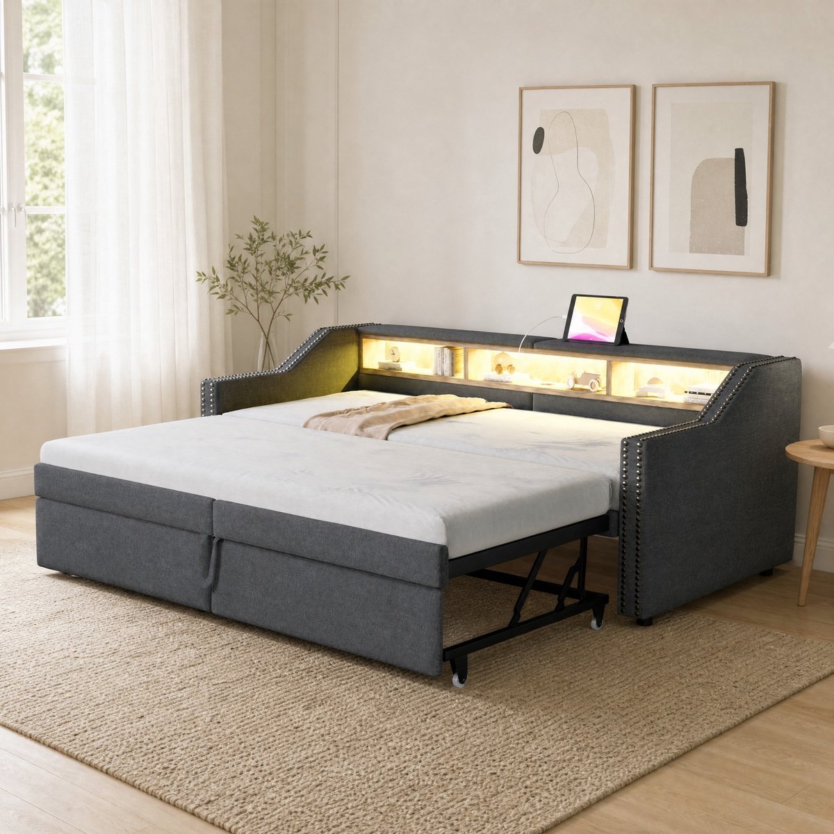 WUVRIE Uitrekbare slaapbank 90/180 x 200 cm met lattenbodem, LED, USB en opbergvakken, donkergrijs
