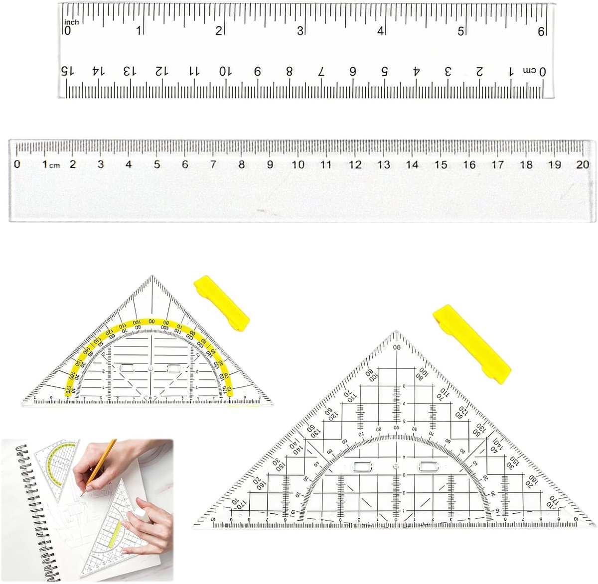 SnelShoppen - Geodriehoek Set van 4 Stuks | Grote en Kleine Geodriehoek met Handvat, Linialen van 20 cm en 15 cm | Flexibele Meetstaaf voor Technisch