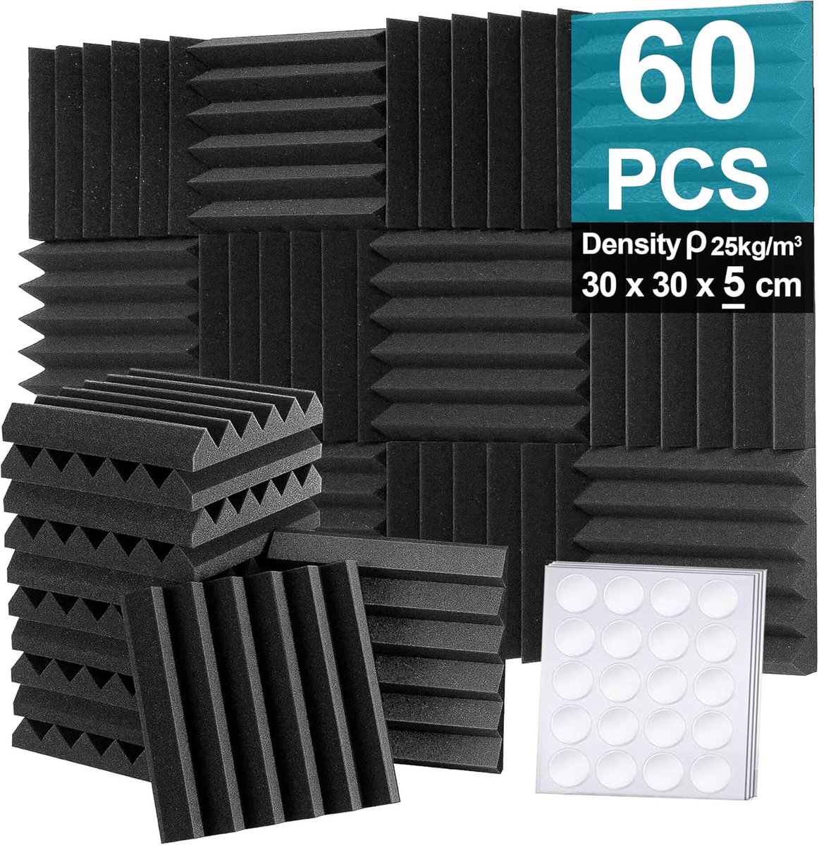Foneso Set of 60 Acoustic Panels, 30 x 30 x 2 cm (Density: 25 kg/m³), Acoustic Foam, 3D, High Density Sound Absorber - ShopVlot