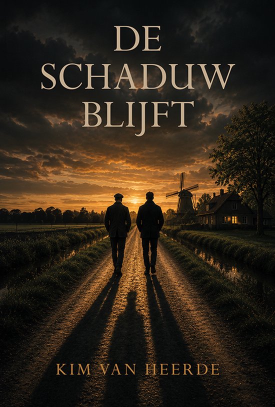 Twee mannen lopen op een zandweg bij zonsondergang richting een molen, de schaduwen lang. Titel: De Schaduw Blijft.