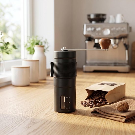 Handmatige Koffiemolen van RVS, Draagbare Koffiemolen met Precisie-instelling voor Espresso, French Press en Mocha, Ergonomische Crank voor Reizen en Kamperen — afbeelding 2