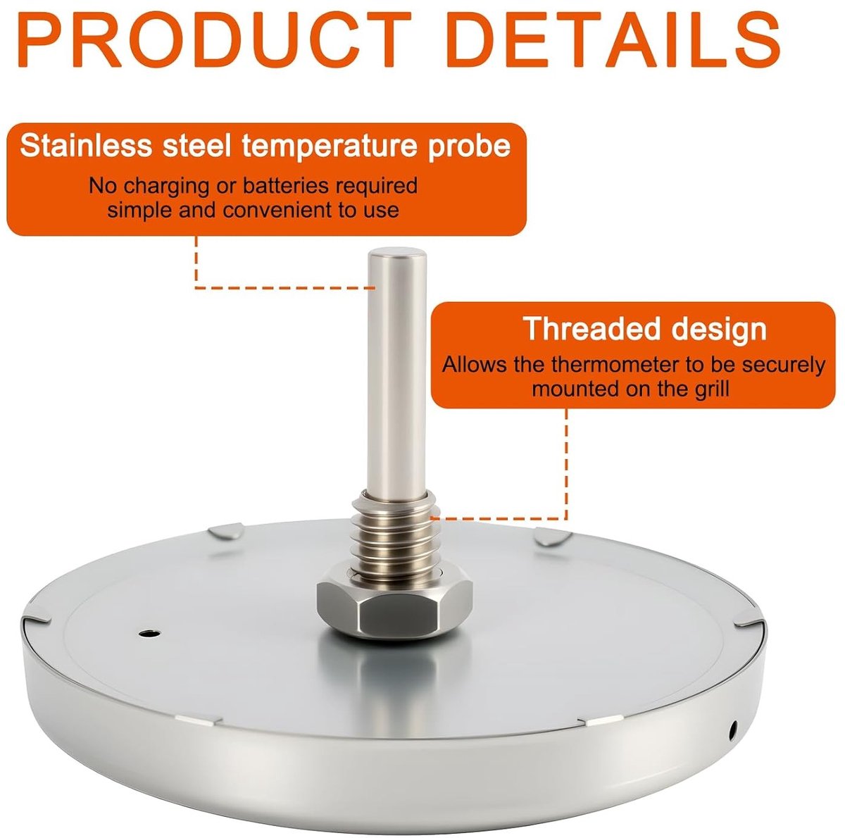 Grillthermometer van roestvrij staal, temperatuur bereik 60-430°C, geschikt voor grills, rookovens en grillwagens met 8 mm gaten