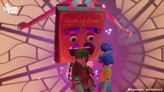 Een boekpersonage met een gezicht kijkt neer op een man en vrouw. De titel 'Book of Love' staat erop.