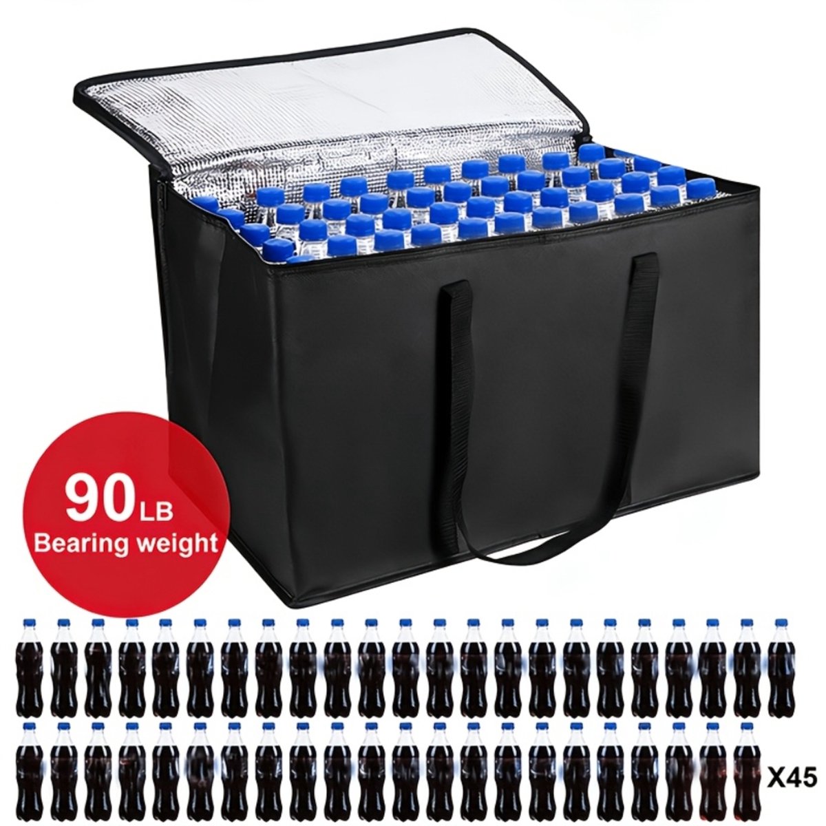 Opvouwbare Geïsoleerde Koeltas XL - Boodschappentas met Rits en Aluminiumfolie Binnenvoering - Zwart