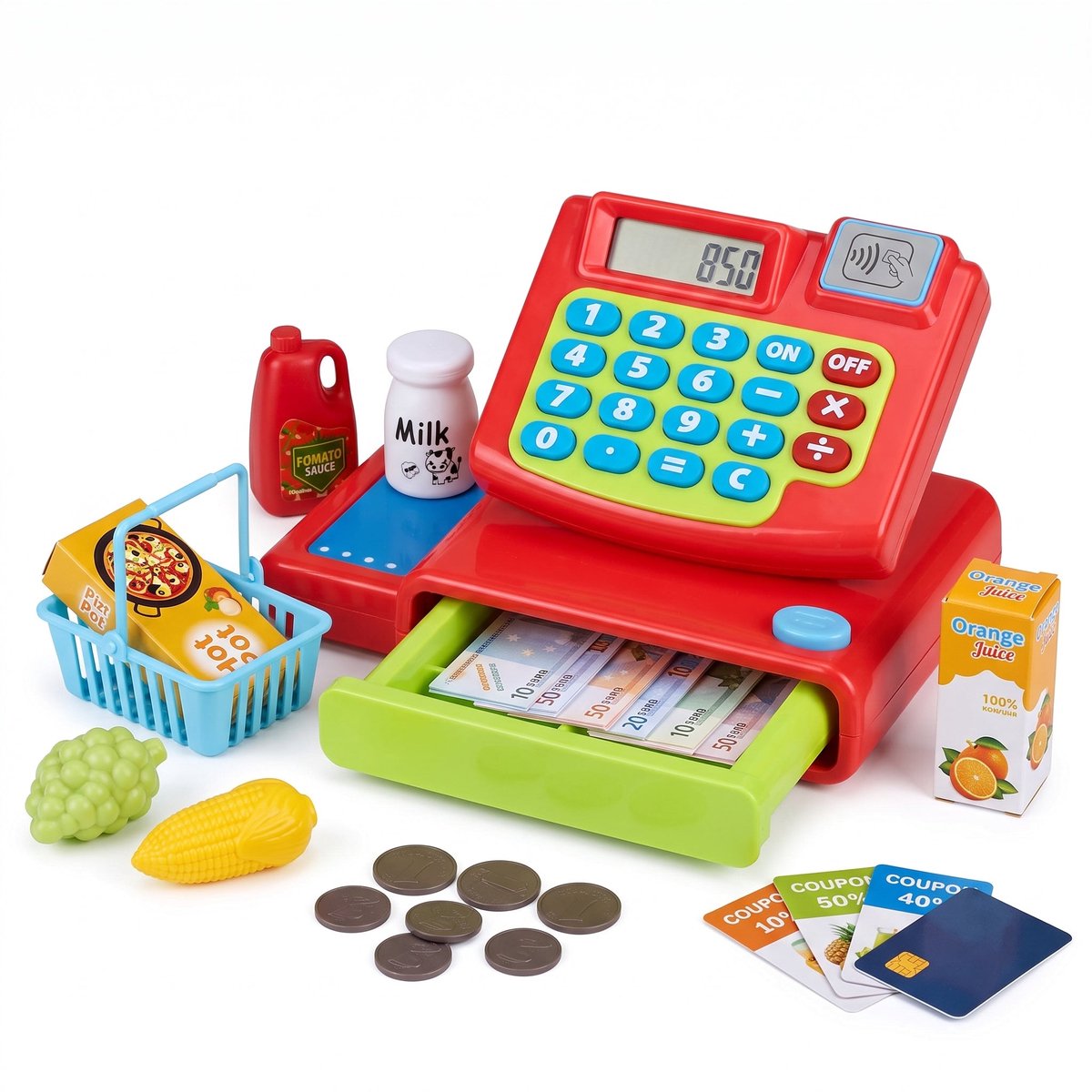 Cheqo® Speelgoedkassa Set van 25 - Kassa met Geluid en Rekenmachine - Speelgeld en Pasjes - Winkelmandje met Speelgoedboodschappen - Speelgoedwinkel Accessoires - Educatief Rollenspel Speelgoed - Winkeltje Spelen - Kinder Kassa Vanaf 3 Jaar
