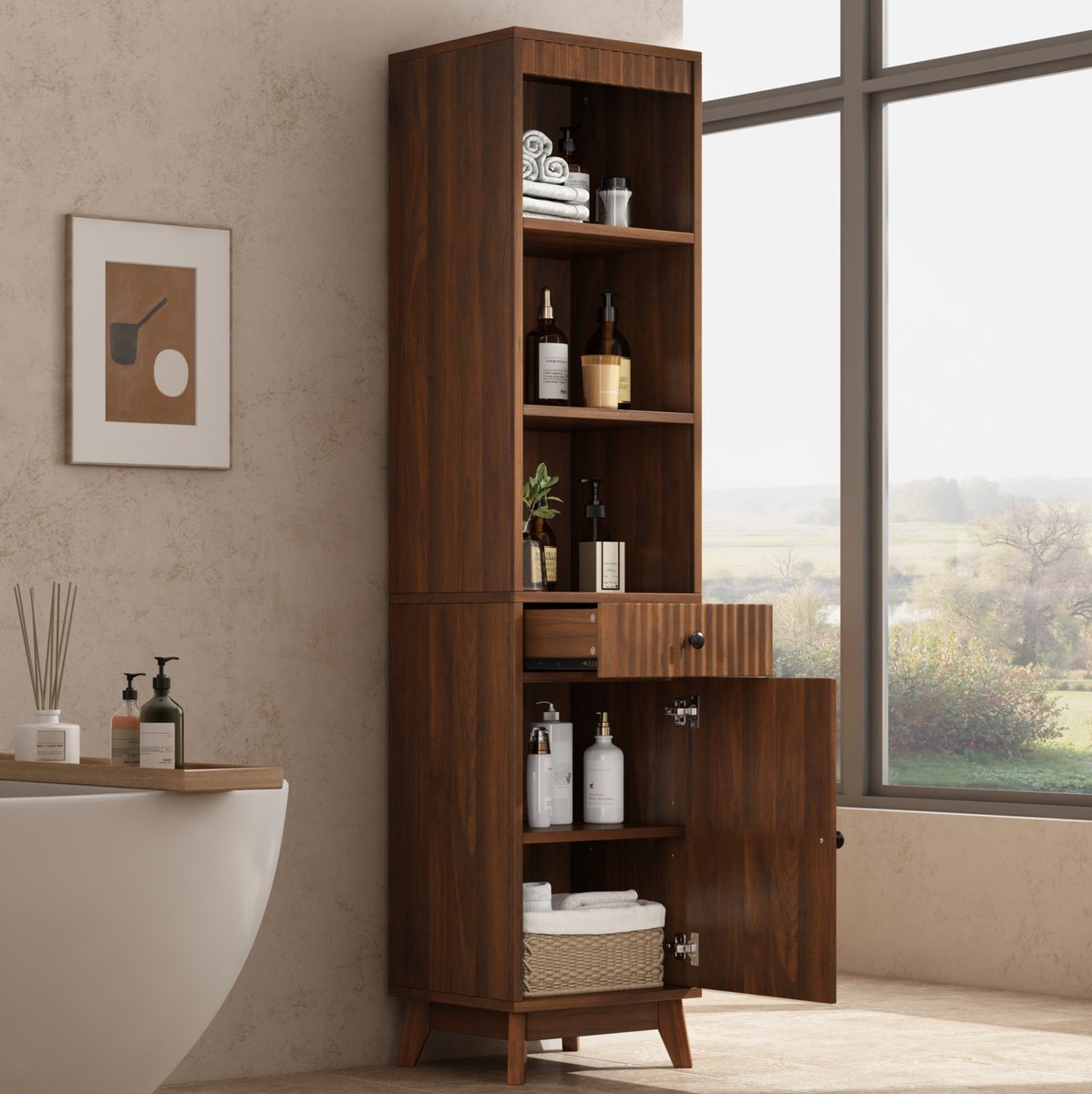 REDOM - Badkamer hoge kast - Vrijstaande opbergkast - Omkeerbare deur - Soft-Close scharnieren - Lade - MDF - Walnoot - 40 x 36 x 172 cm
