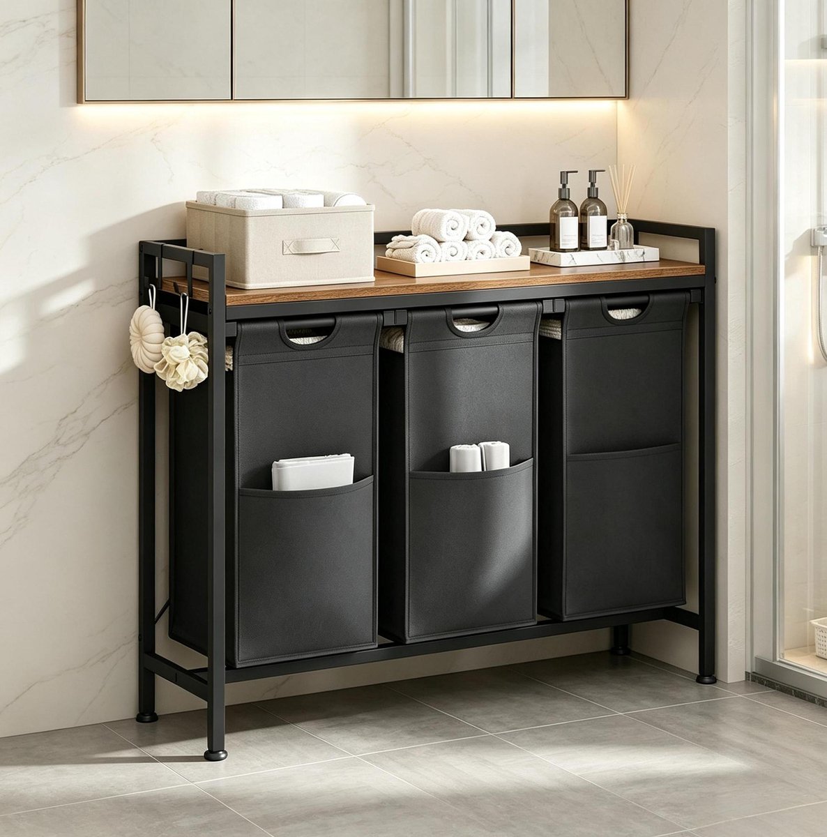 REDOM - Wasmandenrek - 3 uitneembare wasmanden - 3 vakken van 40 liter - Werkblad en 2 haken - Badkamer - Metaal, hout en Oxford-stof - Zwart en bruin - 96 x 30 x 71 cm
