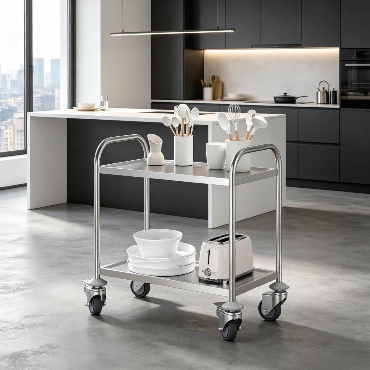 REDOM - Keukenwagen - 2 legplanken - 4 zwenkwielen met 2 remmen - Servierwagen - Keuken - Roestvrij staal - 80 x 45 x 82 cm