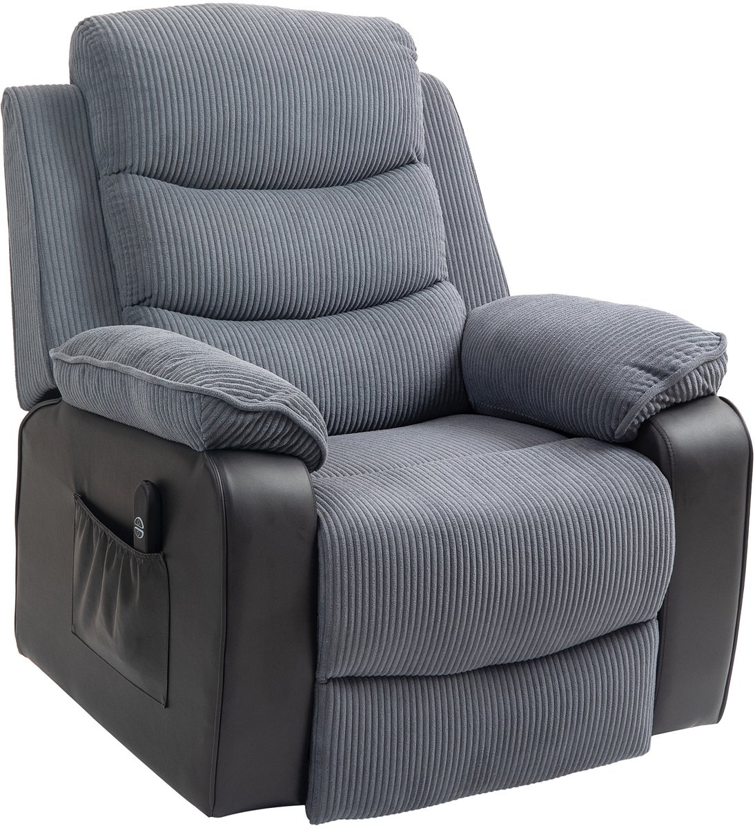 Televisiestoel met opstahulp, elektrische relaxstoel met ligfunctie, pocketvering, ,zijvak en USB-poort,ribfluweel,96x96x108 cm, grijs