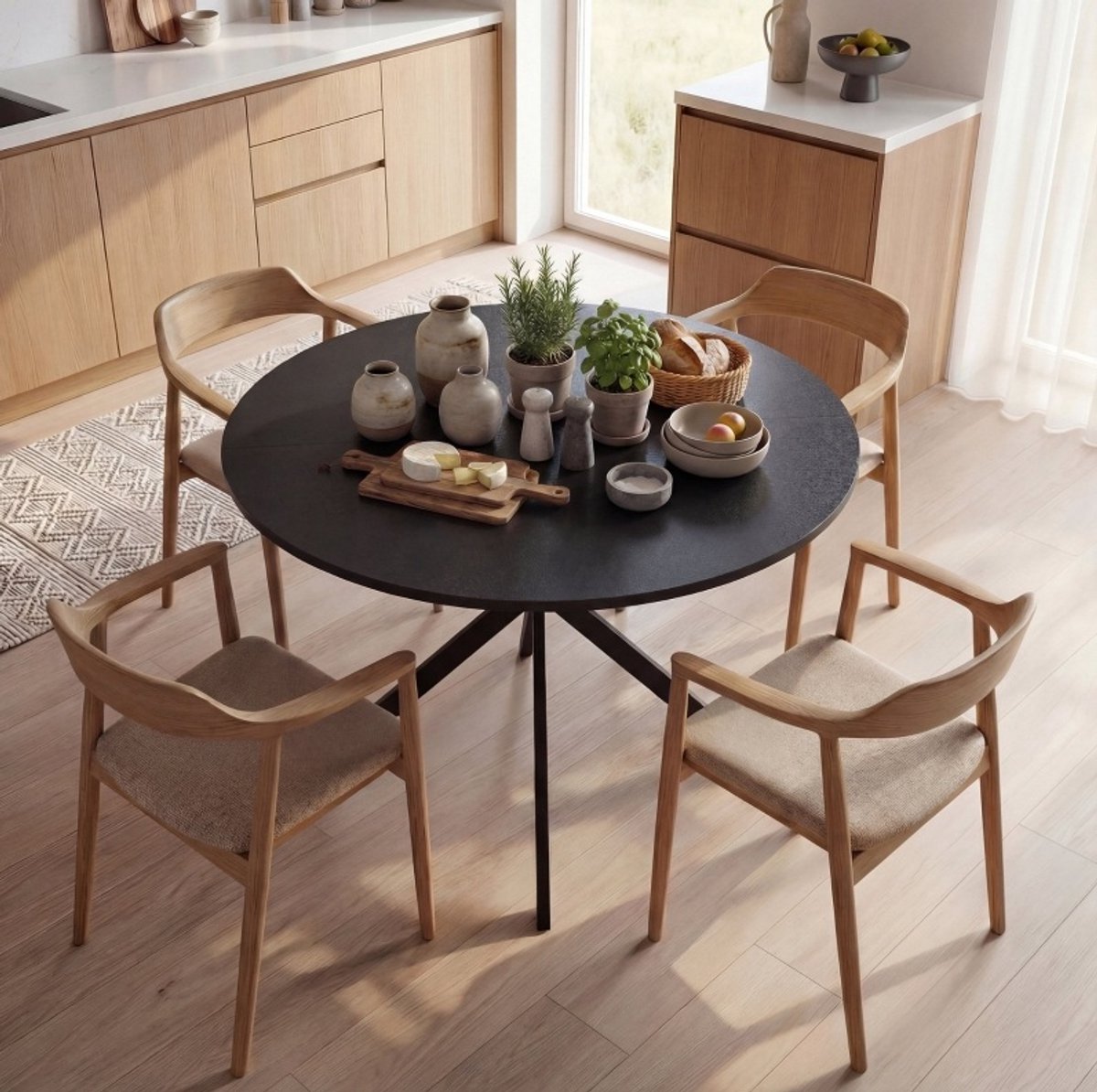 OKWISH Ronde Eettafel – Voor 4 Personen – Industriële Stijl – Stalen X Poten – Zwart Houten Blad – Diameter 100 cm – Hoogte 75 cm