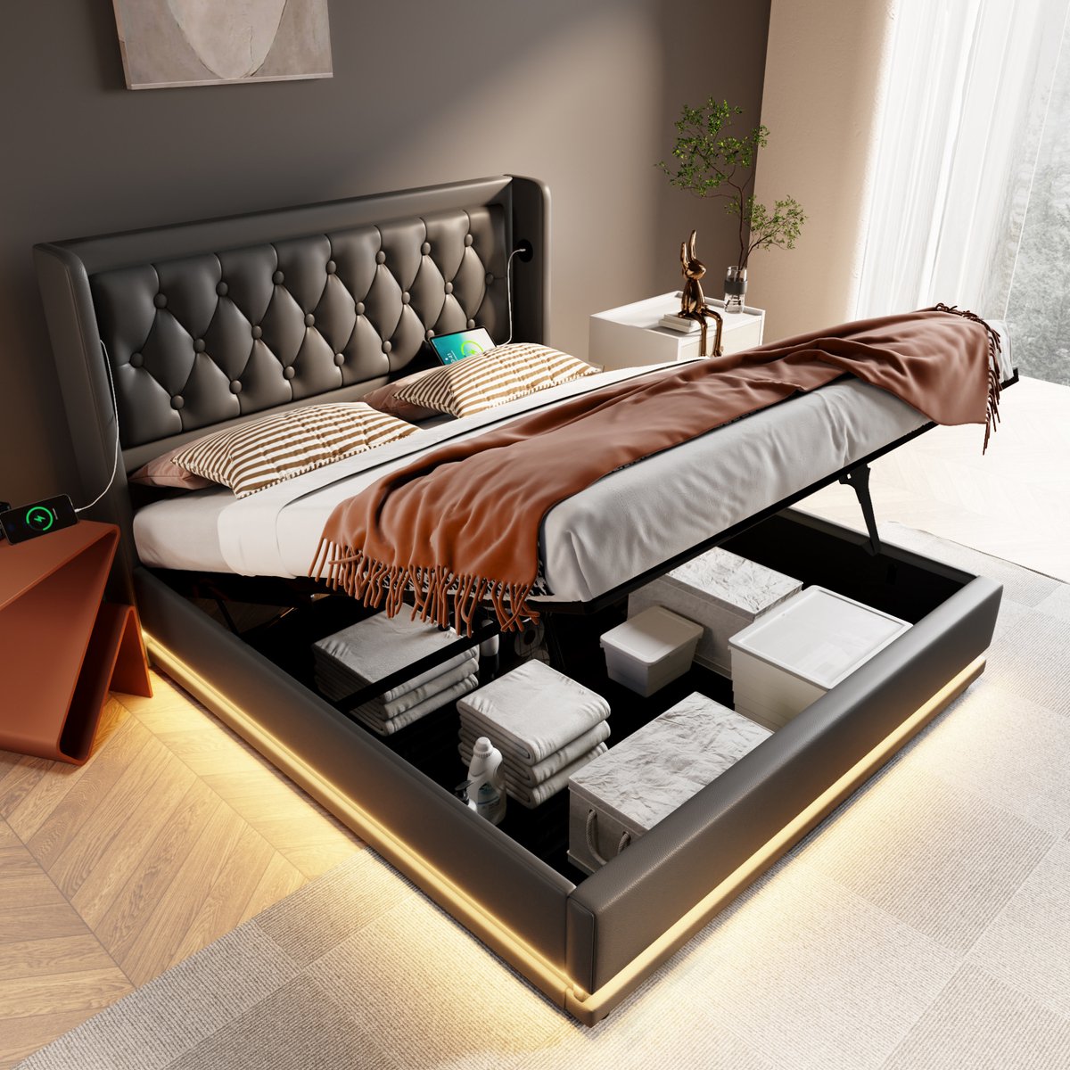 STILVORA Gestoffeerd Bed 180x200 cm – Hydraulische Opbergruimte, Ledverlichting & Usb-C-Laden – Zonder Matras – Kunstleer – Zwart