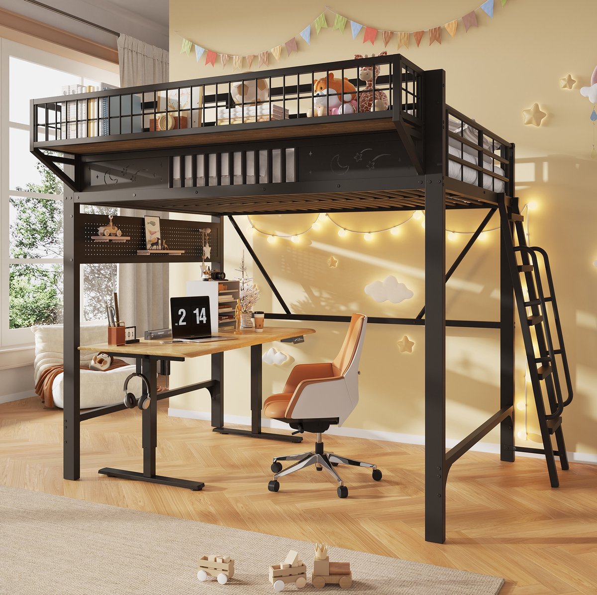 FloraGrace Hoogslaper 140 x 200 cm – Metalen Bedframe met Bureau en Opbergruimte – Ladder Links of Rechts – Zonder Matras – Zwart