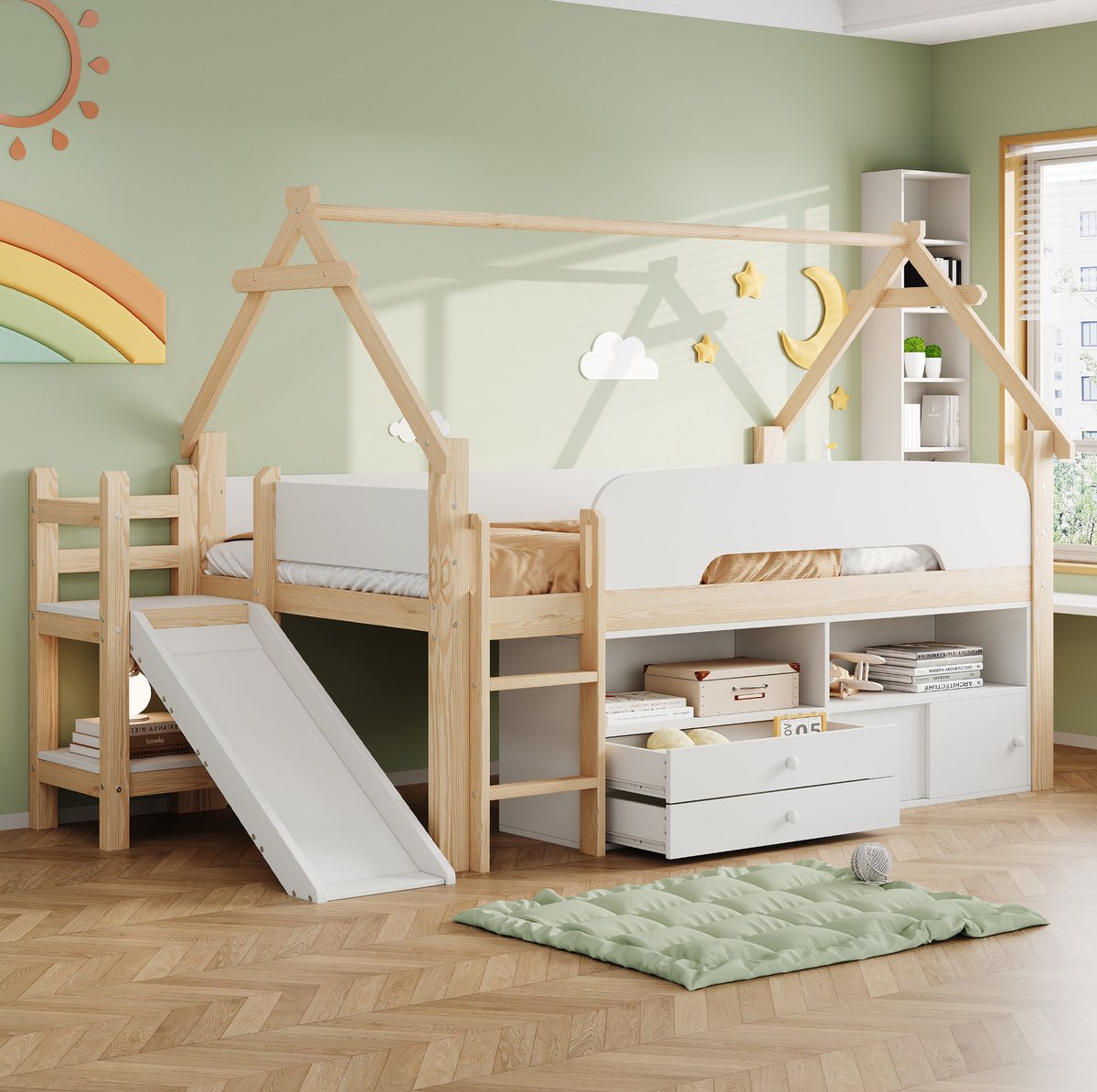 STILVORA Kinderbed 90 x 200 cm – Hoogslaper met Glijbaan – Opbergruimte en Laden – Voor Kinderen – Hout – Naturel en Wit – Zonder Matras Naturel+Wit