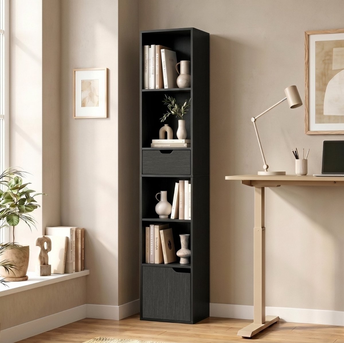 REDOM - Boekenkast - 4 open vakken - Lade en onderkast - Verstelbaar bovenste vak - Vrijstaand - Spaanplaat - Zwart - 30 x 24 x 158 cm