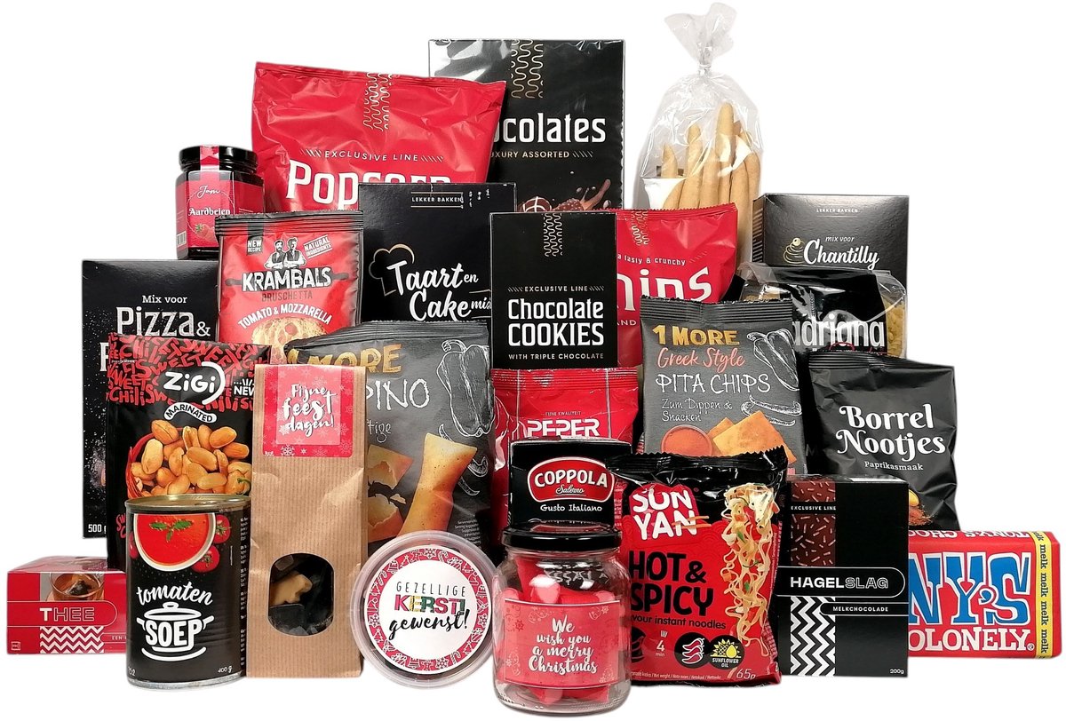 Luxe Kerstpakket "Red & Black Edition" - 25-Delig Eindejaarscadeau Rood & Zwart - Grote Kerst Cadeaubox met Eten & Drinken - Kerstgeschenk Collega's, Personeel & Relaties