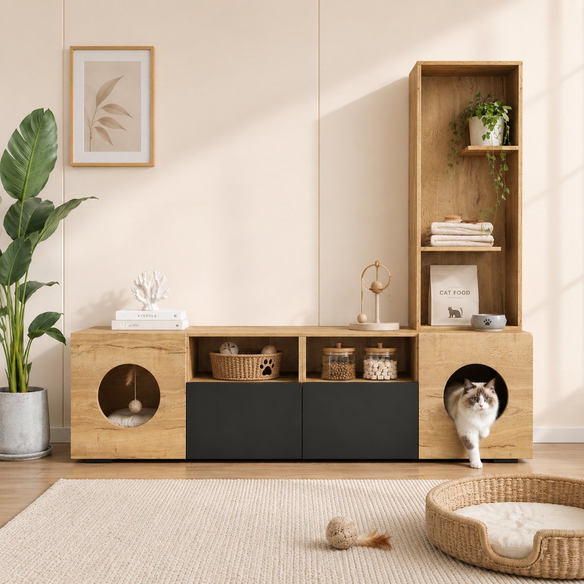 TV-meubel – Kattenruimte – 185 x 40 x 162 cm – Houtmateriaal – Zwart en Natuurlijk – Open Vakken – Hoog Rek