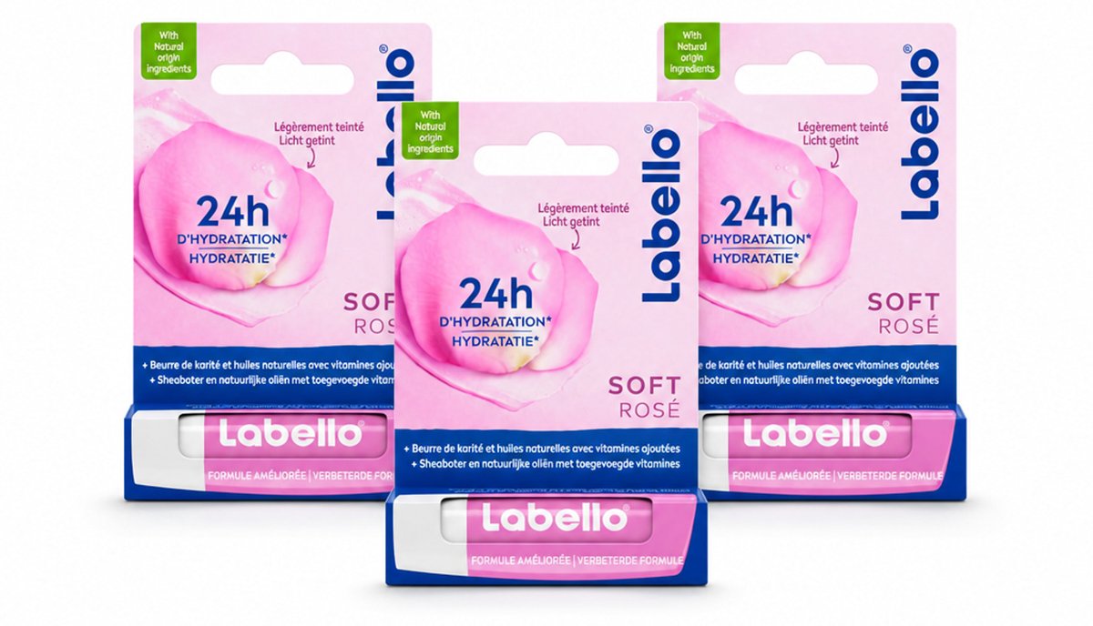 3 x Labello – Lippenbalsem – Soft Rosé – Lippenbalsem – 24H Hydratatie - Bulkverpakking - 3 stuks