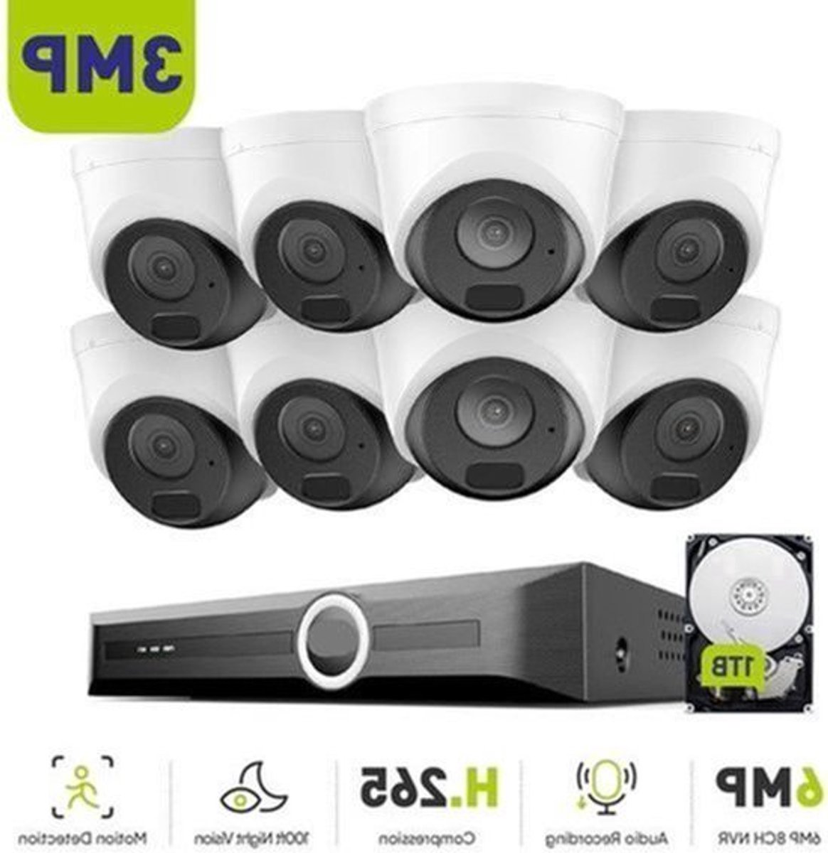 Beveiligingscamera Set – Bewakingscamera – Cameraset – Beveiligingssysteem – 3MP Resolutie – Nachtzicht Tot 30 Meter – IP67 Waterdicht - Ingebouwde HDD: 2T