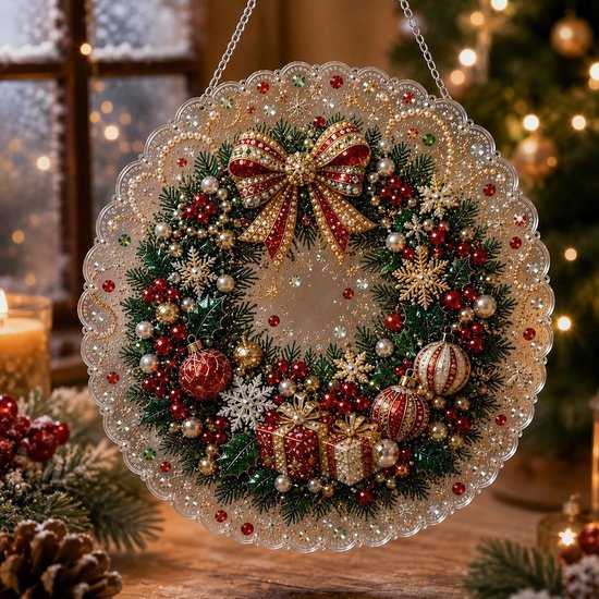 Kerstkrans met strik, kerstballen, cadeautjes en sneeuwvlokken, versierd met parels en edelstenen.