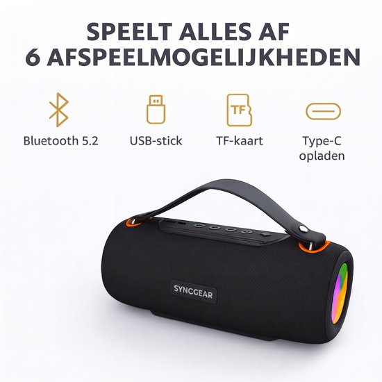 SyncGear Bluetooth Speaker 30W - Draagbare Draadloze Speaker met RGB Lichtshow - FM Radio - IPX6 Waterdicht - Kleur: Zwart van SyncGear — afbeelding 3