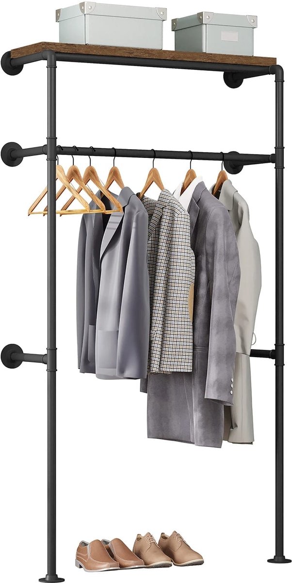 Klarven® Wandkledingrek Zwart - Industrieel Kledingrek - Zwarte Kast - Wall Clothes Rek - Met Legplank, Ruimtebesparend - Belastbaar tot 100 kg - B103xd35xh187cm