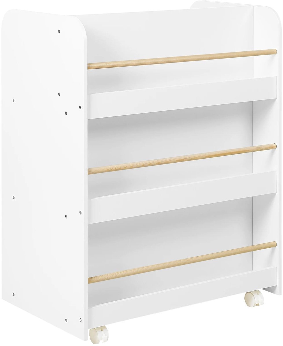 Klarven Kinderboekenkast Wit - Mobiele Kinderboekenkast - Kinderboekenkast Hout - Book Trolley - Op Wieltjes, Dubbelzijdig Opbergen - Stoffen Opbergboxen, Ronde Randen - B62,5xd40xh82,5cm