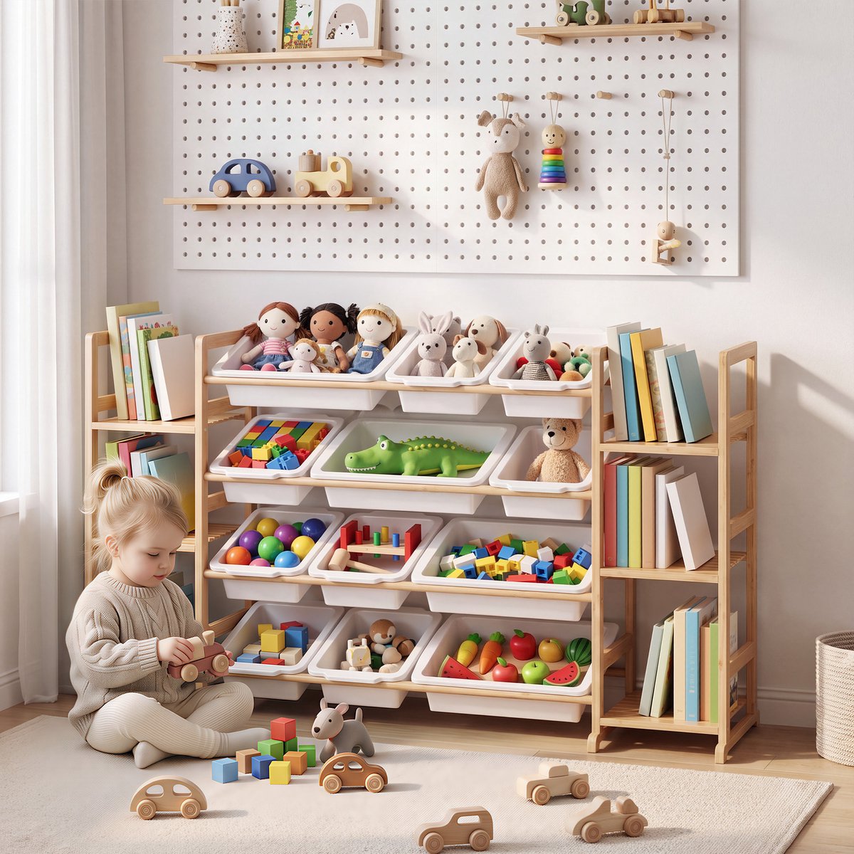Bealife AP132 Kinder Opbergmeubel - Speelgoedkast & Boekenplank Met 12 kunststof opbergbakken en 9 Planken– Bamboe