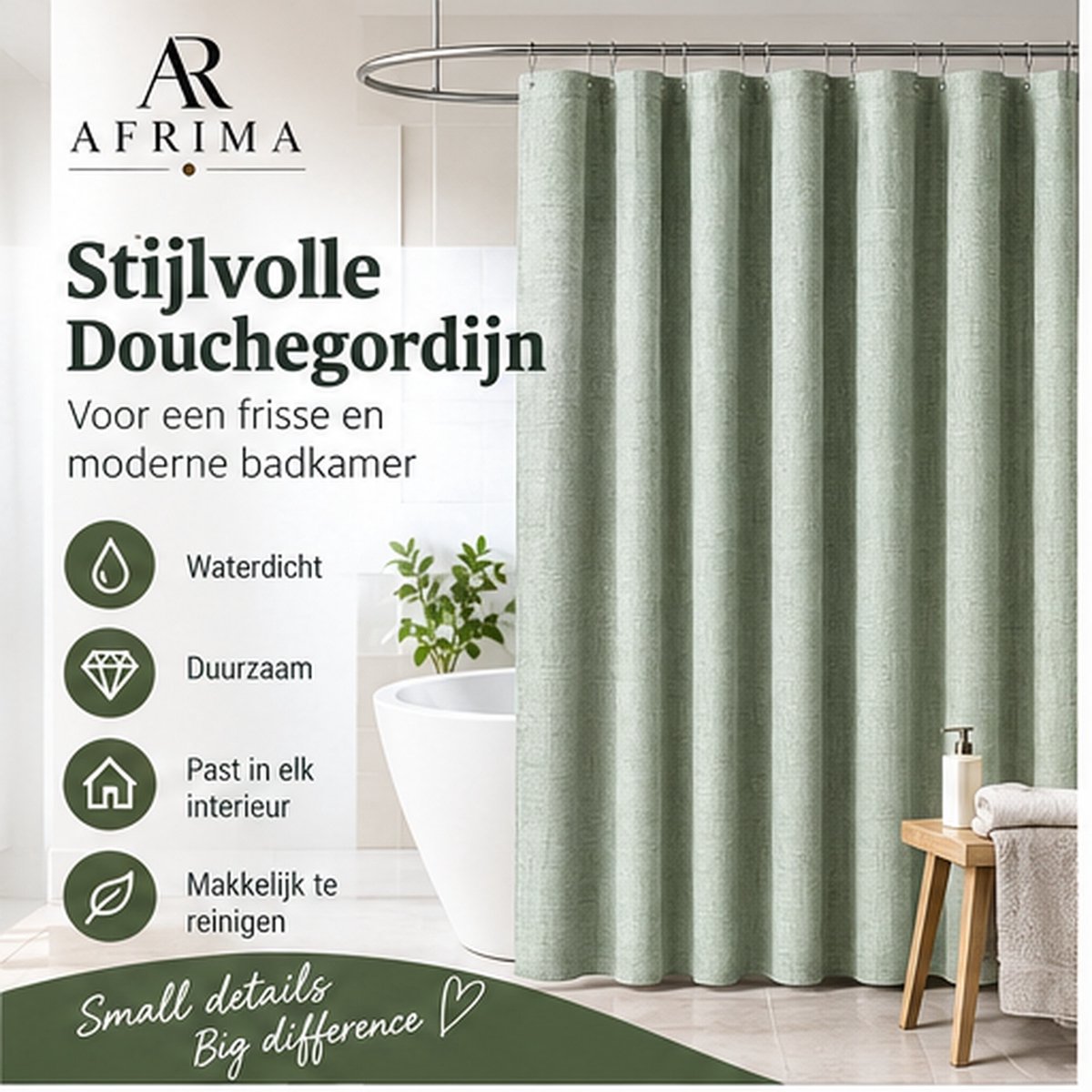Douchegordijn met wafelpatroon, 150 x 180 cm, schimmelwerend, waterdicht, wasbaar
