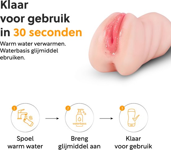 Close-up van de roze, natte opening van een huidkleurige masturbator. Instructies voor gebruik.
