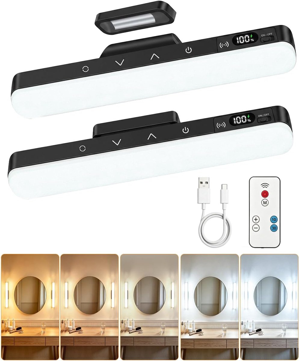 2 Stuks LED Spiegelverlichting voor Make-up, Draadloze Oplaadbare Lampen met 5 Kleurtemperaturen & Dimbare Helderheid, Magnetisch met Touch- en Afstandsbediening, 6W, 90° Verstelbaar, Zwart
