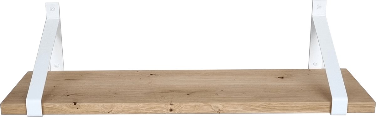 GoudmetHout Lichte Eiken Wandplank - 260x30 cm - 2 Industriële XL Plankdragers Mat Wit Licht eiken