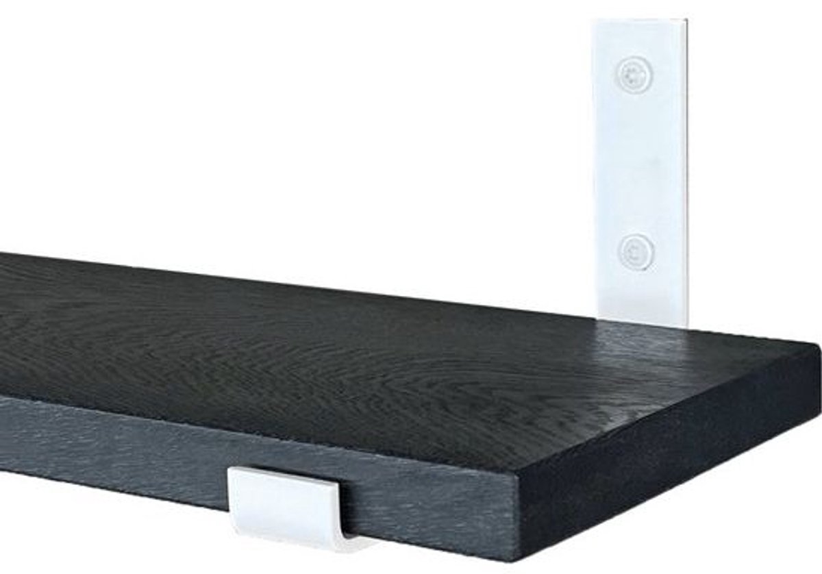 GoudmetHout Zwarte Eiken Wandplank - 240x20 cm - Plankdragers L-UP Mat Wit Zwart eiken