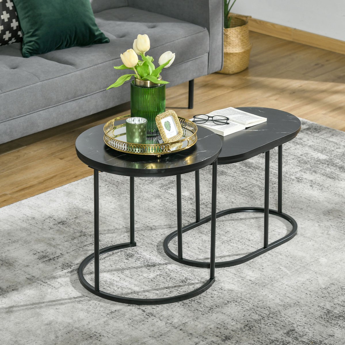 MIVRAY Salontafelset Stapelbare Ronde En Ovale Tafels Met Marmerlook Voor Woonkamer MDF En Staal Zwart Tweedelig 60 x 50,5 Cm