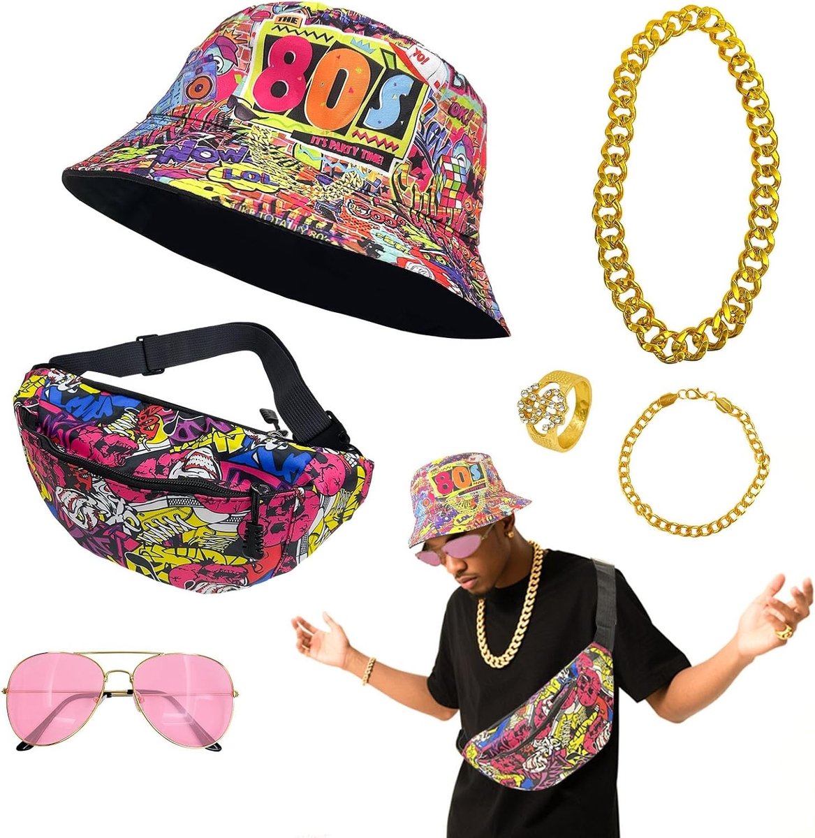Retro Hip Hop Kostuum Set met Graffiti Hoed, Crossbody Tas, Gouden Sieraden en Zonnebril voor 80s en 90s Themafeest en Carnaval