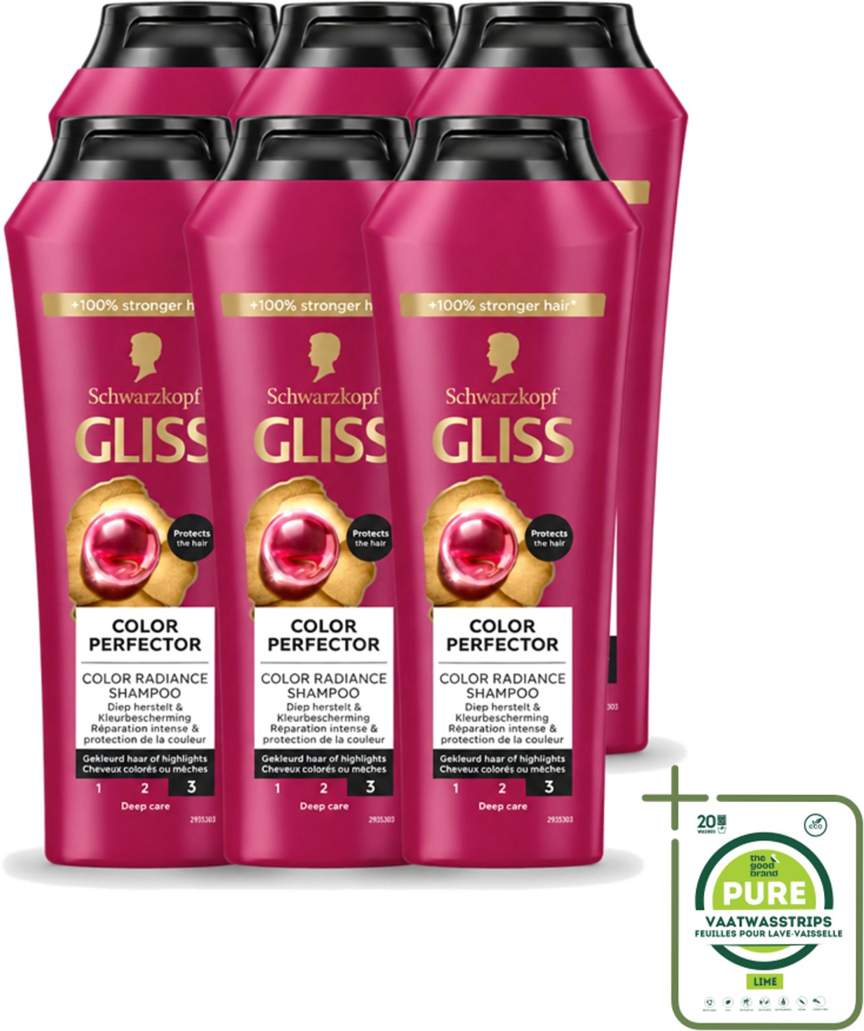 6 x Gliss - Shampoo - Color Protect & Shine - Voor Langdurige Kleurbehoud - 250 ml - Grootverpakking - Vaatwasstrips - Kleurbehoud - Glans - Haarverzorging - Kleurbescherming - Haarherstel