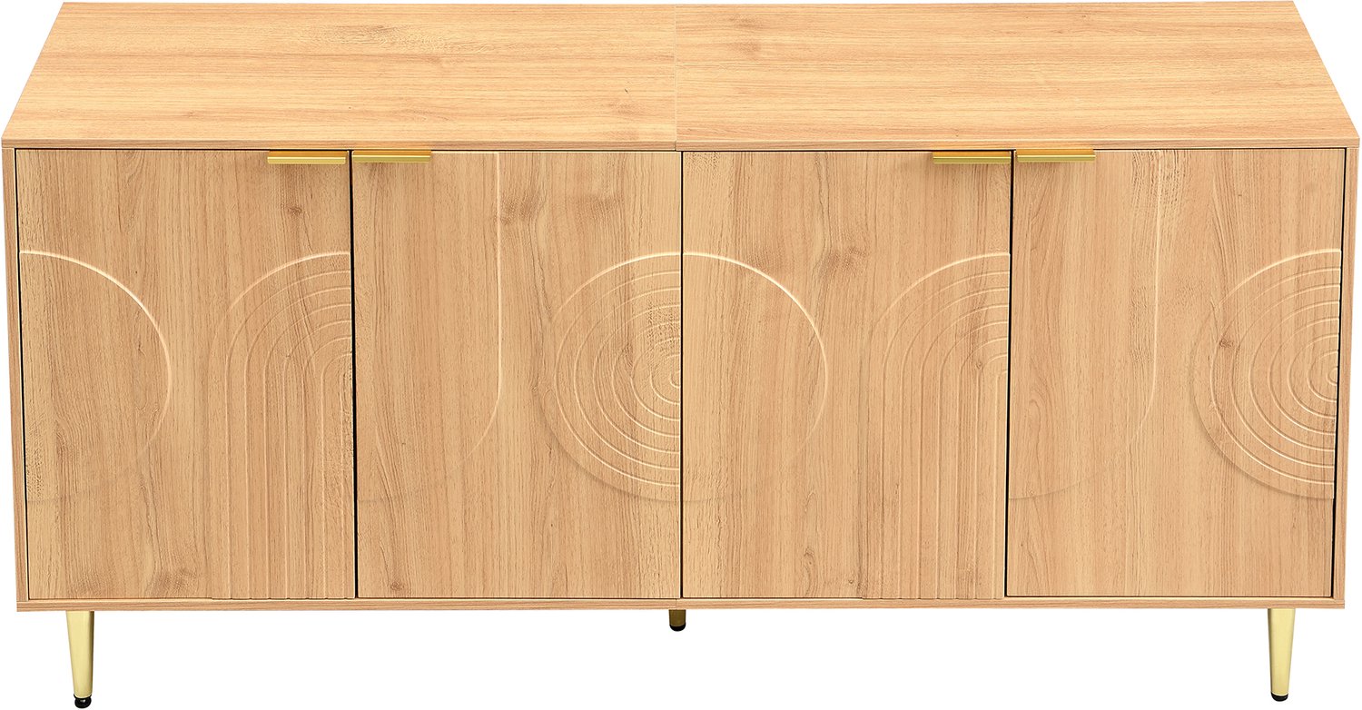 SONNENH Dressoir met 4 cirkelreliëfdeuren, verstelbare planken en metalen voeten - Houtlook - 140 x 40 x 72 cm