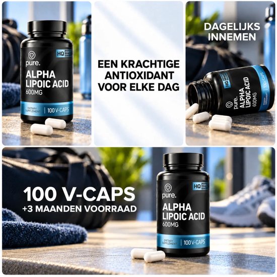 Collage met drie beelden van Pure Alpha Lipoic Acid capsules. Benadrukt 100 stuks en dagelijks gebruik.