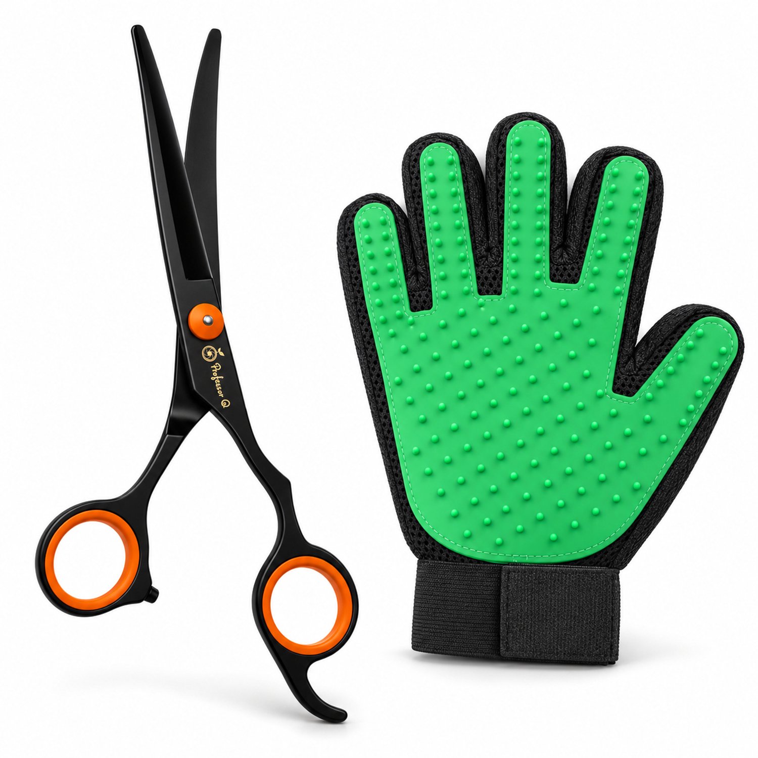 Professor Q Hondentrimset - Gebogen Trimschaar Zwart/Oranje - Vachthandschoen Groen - 2-delig