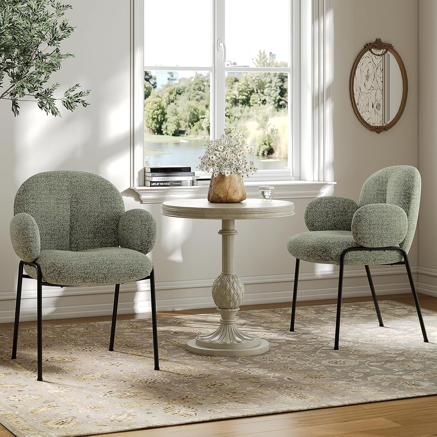 Luna Eetkamerstoel Set van 6 Dennengroen met Armleuning – Moderne Gestoffeerde Stoelen met Hoge Rugleuning, Linnen Bekleding, Metalen Frame en Verstelbare Poten – 49 x 58 x 80,5 cm