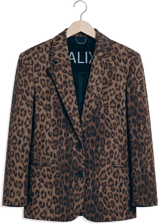 Bruine blazer met luipaardprint en krijtstreep op een hanger, met 'ALIX' zichtbaar in de voering.