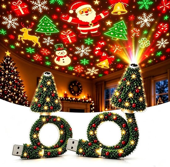 2 Stuks Kerstprojector - Met 6 Kerstafbeeldingen - USB - Projector - Kerst Led-projector - Plug and Play - Vakantieprojector - Projectorlamp - Mini Feestelijke Projector - Flexibele Hals - Kerstdecoratie - Voor kamperen, auto, plafond, wanddecoratie