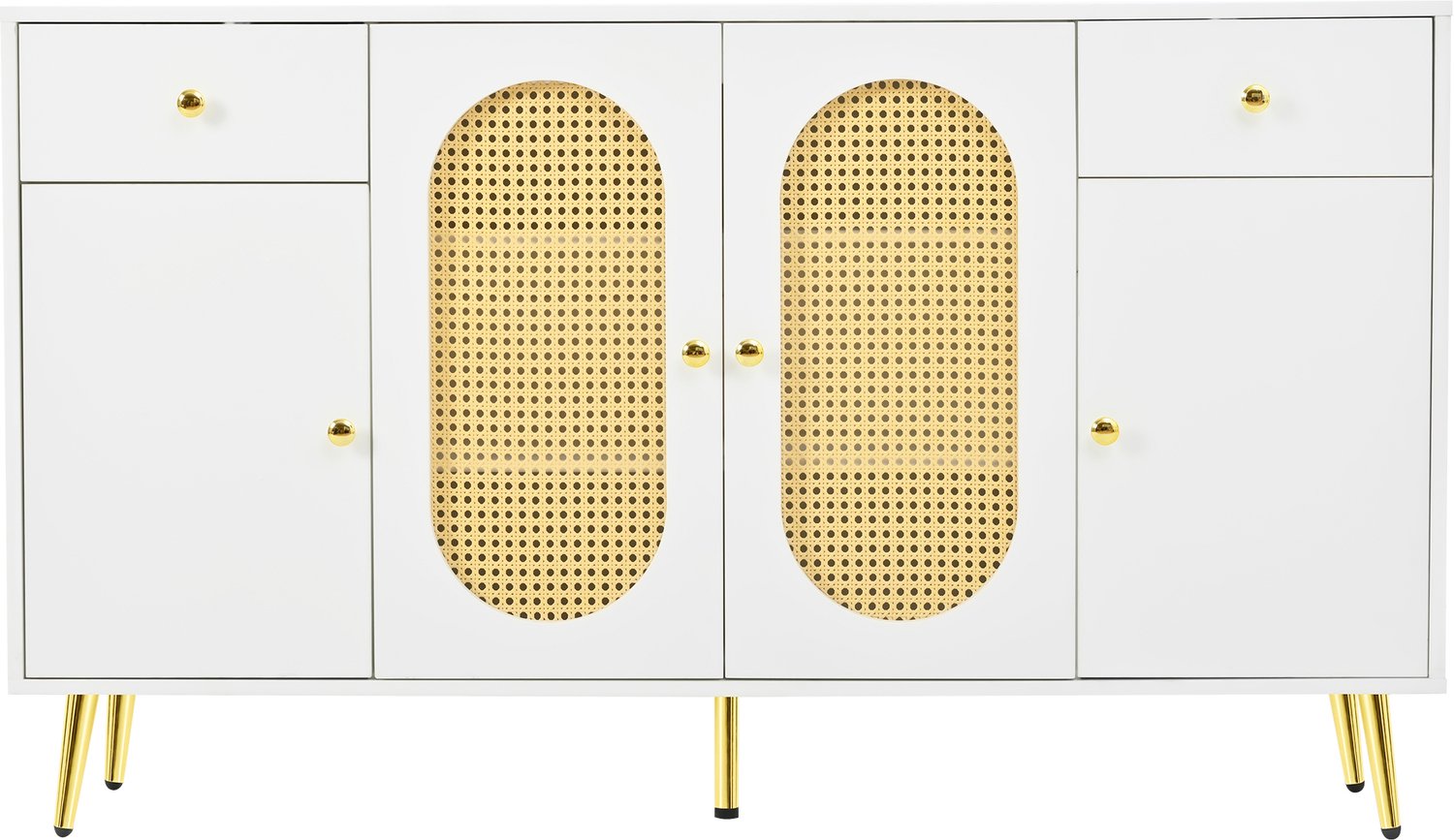 SONNENH Dressoir - Wit met gevlochten look en goudkleurige voeten - 4 deuren en 2 lades - 140 x 35 x 82 cm