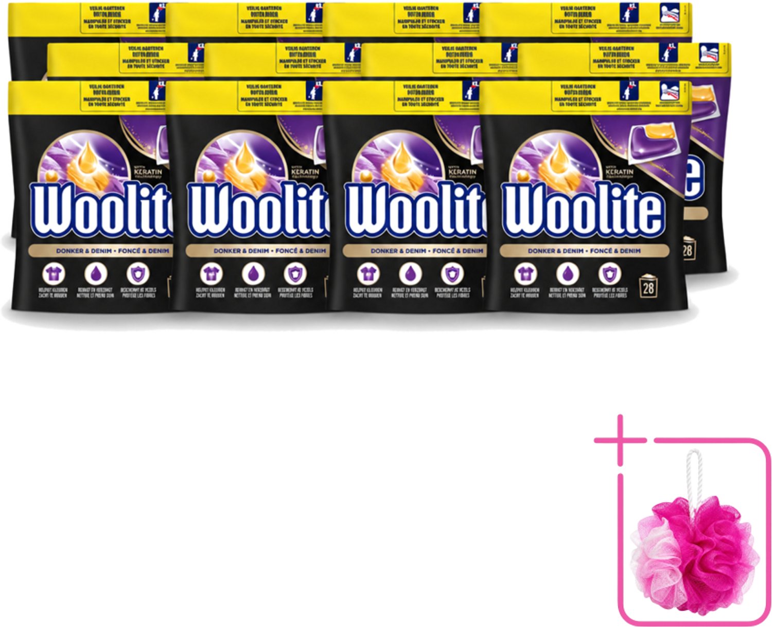 12 x Woolite Dark - Wasmiddelcapsules - Met Keratine - Donkere & Denim Was - 28 Wasbeurten - Bulkverpakking - Donker wasmiddel - Douchemop - Denim wasmiddel