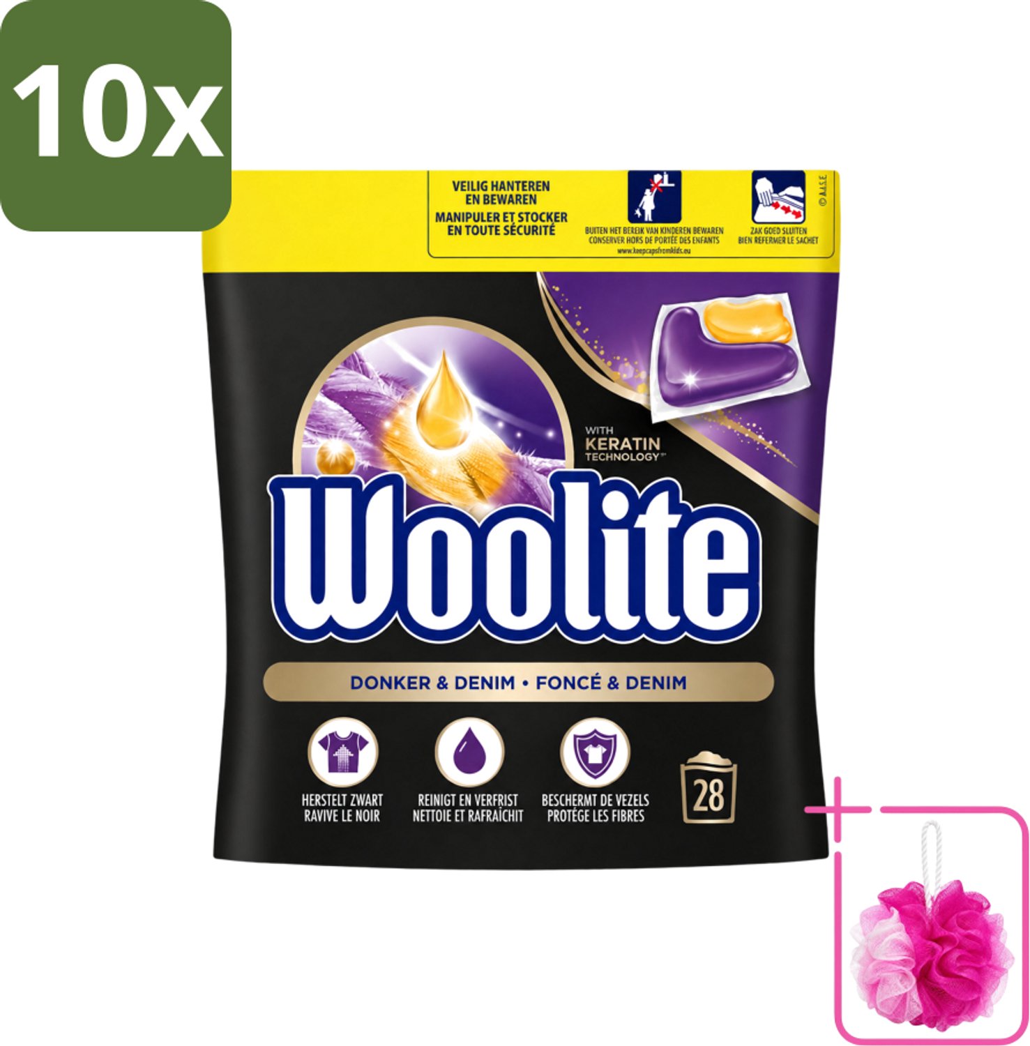 10 x Woolite Dark - Wasmiddelcapsules - Met Keratine - Donkere & Denim Was - 28 Wasbeurten - Bulkverpakking - Donker wasmiddel - Douchemop - Denim wasmiddel